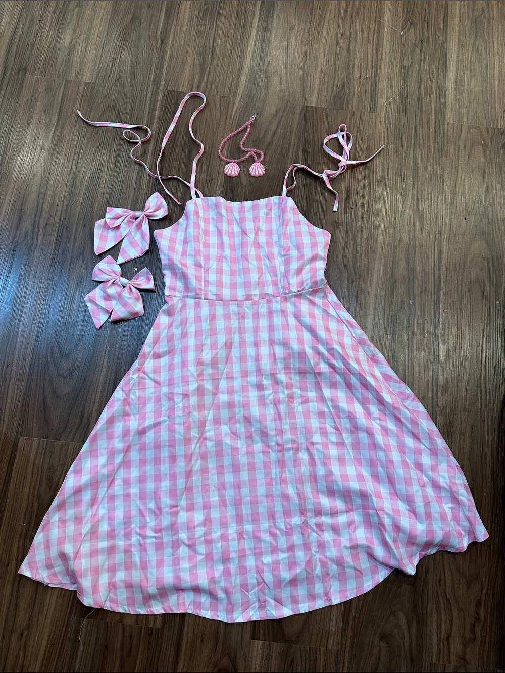 Pink & White Gingham Sleeveless Dress With Bow & Shell Necklace Barbie costume